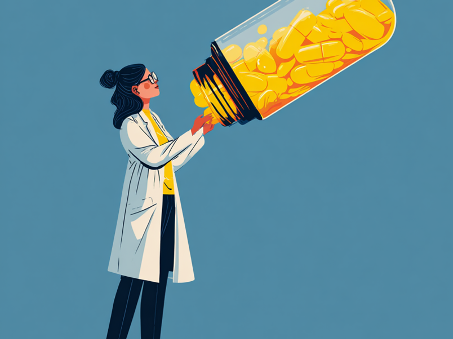 Illustration of a pharmacist holding an oversized medicine capsule